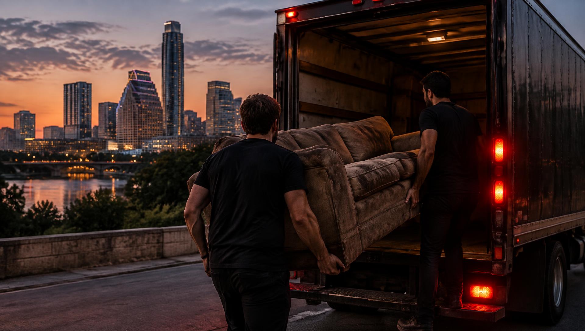 Crew loading an old couch into a junk removal truck